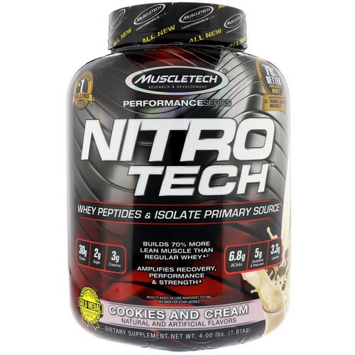 Muscletech, Nitro Tech, Whey Isolate + Lean Musclebuilder, Cookies and Cream, 3.97 lbs (1.80 kg) فوائد