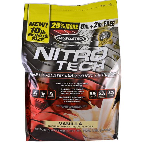 Muscletech, Nitro Tech, Whey Isolate + Lean Musclebuilder, Vanilla, 10 lbs (4.54 kg) فوائد