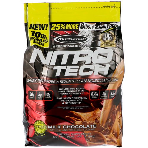 Muscletech, Nitro Tech, Whey Peptides & Isolate Lean Musclebuilder Whey Protein Powder, Milk Chocolate, 10 lbs (4.54 kg) فوائد