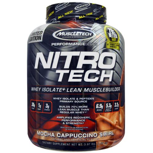 Muscletech, NitroTech, Whey Isolate+ Lean Musclebuilder, Mocha Cappuccino Swirl, 3.97 lbs (1.80 kg) فوائد