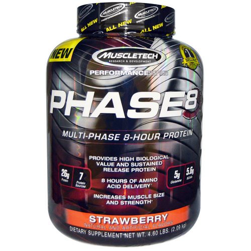 Muscletech, Performance Series, Phase8, Multi-Phase 8-Hour Protein, Strawberry, 4.60 lbs (2.09 kg) فوائد