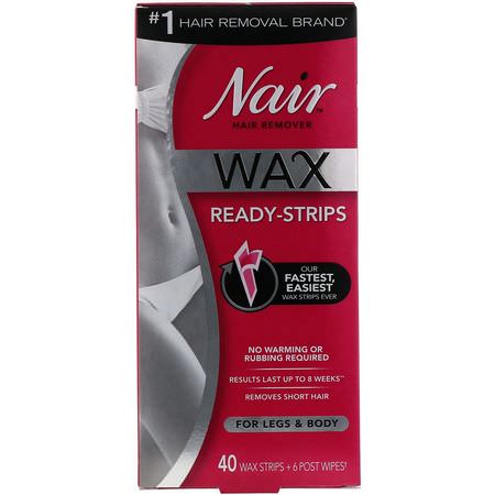 Nair, Hair Remover, Wax Ready-Strips, For Legs & Body, 40 Wax Strips + 6 Post Wipes:الشمع, إزالة الشعر