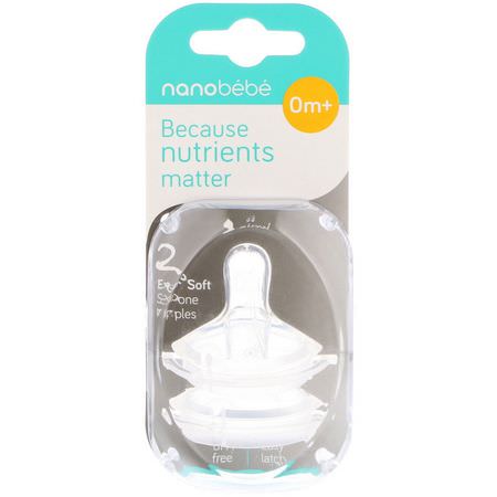 Nanobebe, Silicone Nipples, 0+ Months, Slow Flow, 2 Pack:حلمات, زجاجات أطفال