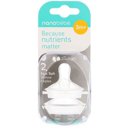 Nanobebe, Silicone Nipples, 3+ Months, Medium Flow, 2 Pack:حلمات, زجاجات أطفال