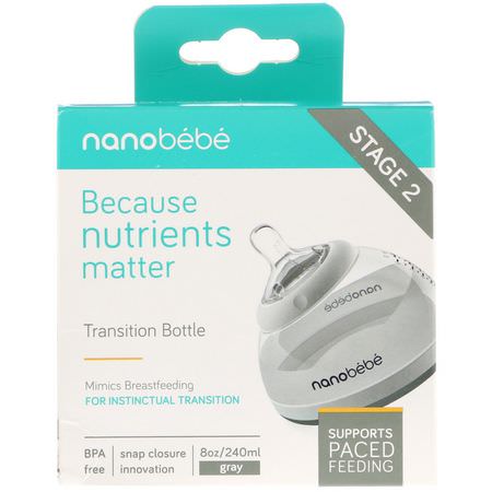 Nanobebe, Transition Bottle, Stage 2, Gray, Single Pack, 8 oz (240 ml):حلمات, زجاجات أطفال