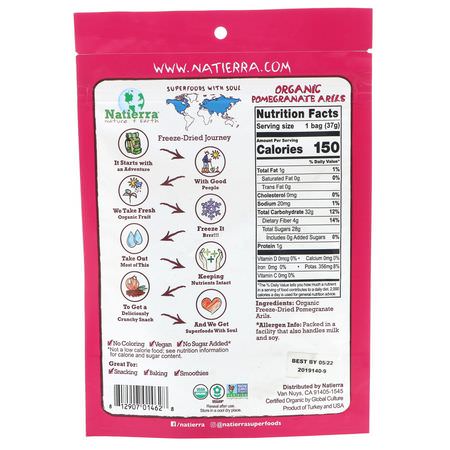 Natierra, Organic Freeze-Dried, Pomegranate Arils, 1.3 oz (37 g):ال,جبات الخفيفة النباتية, الفاكهة