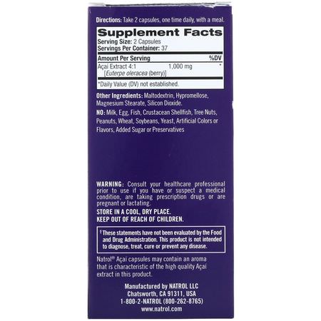 Natrol, Acai Berry, 1,000 mg, 75 Veggie Caps:مضادات الأكسدة, أكي
