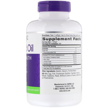 Natrol, Flaxseed Oil, Heart Health, 1,000 mg, 200 Softgels:مكملات بذ,ر الكتان, Omegas EPA DHA