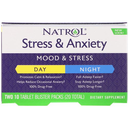 Natrol, Stress & Anxiety, Day & Night, Two 10 Tablet Blister Packs (20 Total) فوائد