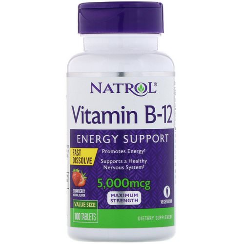 Natrol, Vitamin B-12, Fast Dissolve, Maximum Strength, Strawberry, 5,000 mcg, 100 Tablets فوائد