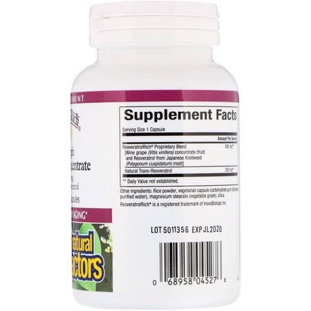 Natural Factors, ResveratrolRich, Super Strength, Resveratrol Concentrate, 60 Vegetarian Capsules:ريسفيراتر,ل, مضادات الأكسدة