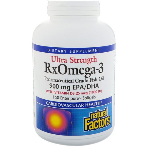 Natural Factors, Ultra Strength, RxOmega-3, with Vitamin D3, 900 mg EPA/DHA, 150 Enteripure Softgels فوائد