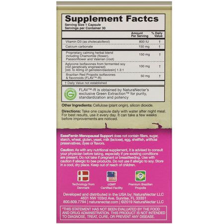 NaturaNectar, EaseFemin, Menopausal Support, 30 Vegetable Capsules:صحة المرأة, المكملات الغذائية
