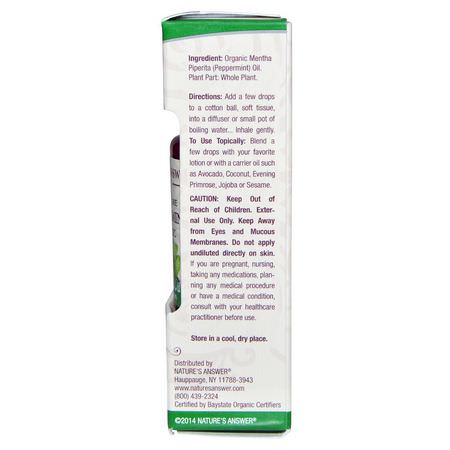 Nature's Answer, Organic Essential Oil, 100% Pure Peppermint, 0.5 fl oz (15 ml):زيت النعناع, رفع