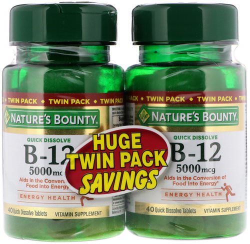 Nature's Bounty, B-12, Twin Pack, Naturally Cherry Flavor, 5000 mcg, 40 Quick Dissolve Tablets Each فوائد