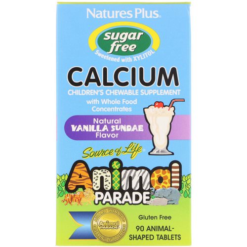 Nature's Plus, Source of Life, Animal Parade, Calcium, Children's Chewable Supplement, Sugar Free, Natural Vanilla Sundae Flavor, 90 Animal-Shaped Tablets فوائد