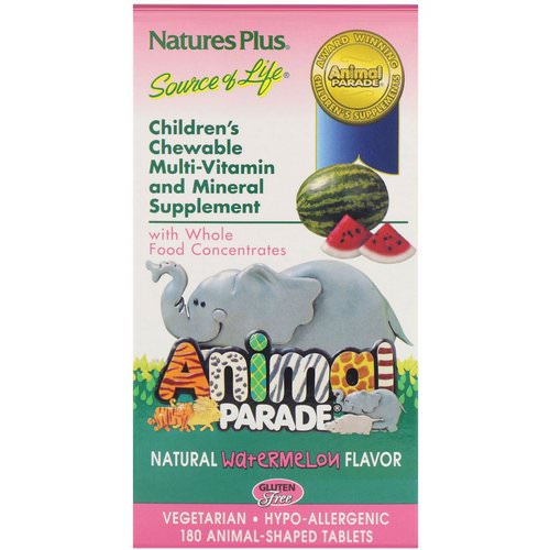 Nature's Plus, Source of Life, Animal Parade, Children's Chewable, Natural Watermelon Flavor, 180 Animal-Shaped Tablets فوائد