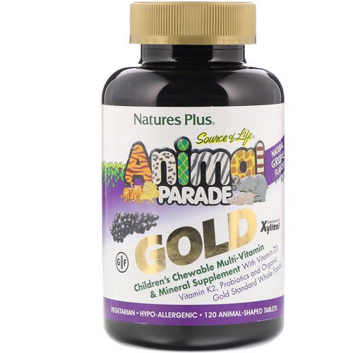 Nature's Plus, Source of Life Animal Parade, Gold, Children's Chewable Multi-Vitamin & Mineral Supplement, Natural Grape Flavor, 120 Animal-Shaped Tablets فوائد