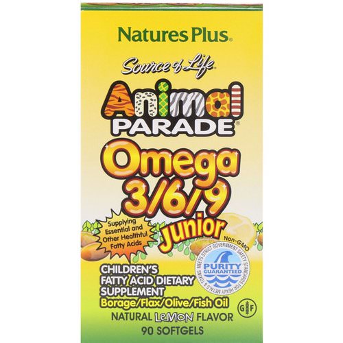 Nature's Plus, Source of Life, Animal Parade, Omega 3/6/9 Junior, Natural Lemon Flavor, 90 Softgels فوائد