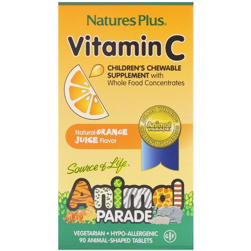 Nature's Plus, Source of Life, Animal Parade, Vitamin C, Children's Chewable Supplement, Natural Orange Juice Flavor, 90 Animal-Shaped Tablets فوائد