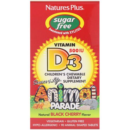 Nature's Plus, Source of Life, Animal Parade, Vitamin D3, Sugar Free, Natural Black Cherry Flavor, 500 IU, 90 Animal-Shaped Tablets:فيتامين D للأطفال, الصحة
