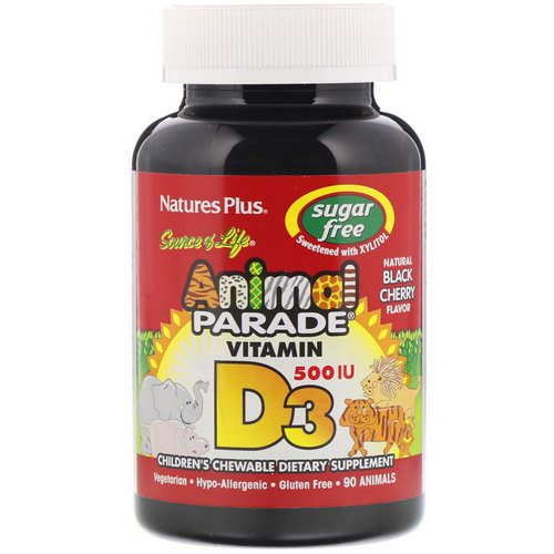 Nature's Plus, Source of Life, Animal Parade, Vitamin D3, Sugar Free, Natural Black Cherry Flavor, 500 IU, 90 Animal-Shaped Tablets فوائد