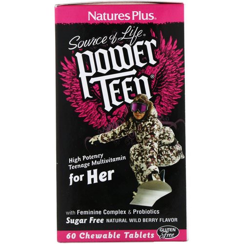 Nature's Plus, Source of Life, Power Teen, For Her, Sugar Free, Natural Wild Berry Flavor, 60 Chewable Tablets فوائد