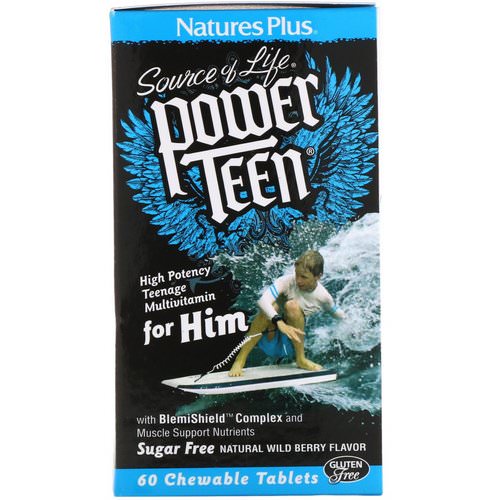 Nature's Plus, Source of Life, Power Teen, For Him, Sugar Free, Natural Wild Berry Flavor, 60 Chewable Tablets فوائد