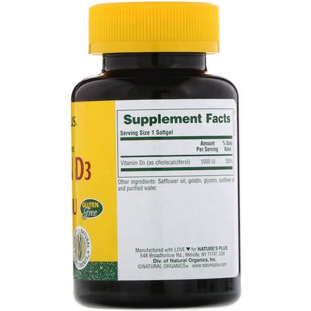 Nature's Plus, Vitamin D3, 1000 IU, 180 Softgels:D3 Cholecalciferol,فيتامين D