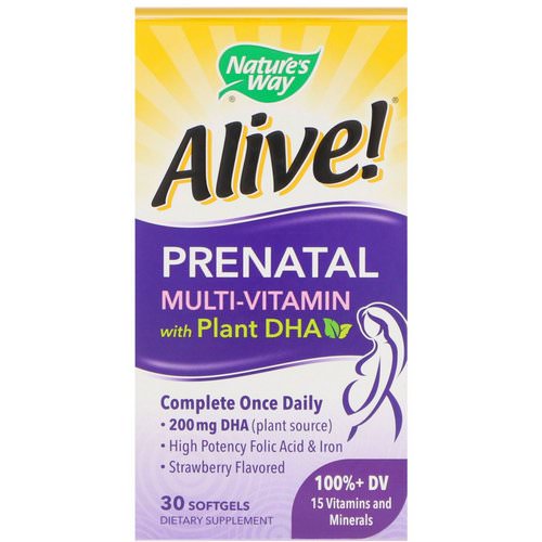 Nature's Way, Alive! Prenatal Multi-Vitamin with Plant DHA, Strawberry Flavored, 30 Softgels فوائد