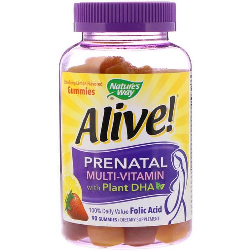 Nature's Way, Alive! Prenatal Multi-Vitamin with Plant DHA, Strawberry/Lemon Flavored, 90 Gummies فوائد