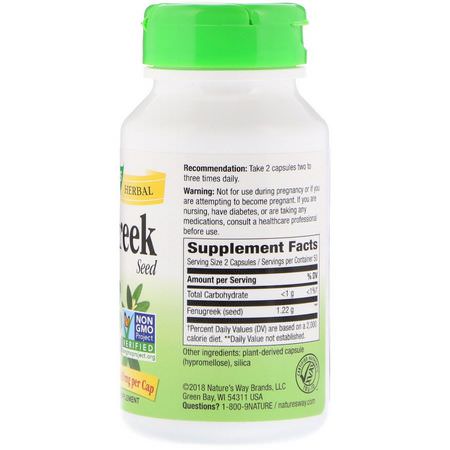 Nature's Way, Fenugreek Seed, 610 mg, 100 Vegetarian Capsules:الحلبة, المعالجة المثلية