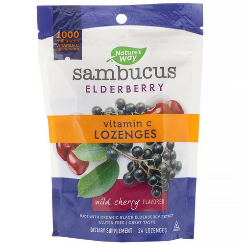 Nature's Way, Sambucus Elderberry, Vitamin C Lozenges, Wild Cherry Flavored, 24 Lozenges فوائد