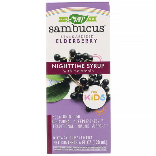 Nature's Way, Sambucus for Kids, Standardized Elderberry, Nighttime Syrup with Melatonin, 4 fl oz (120 ml) فوائد