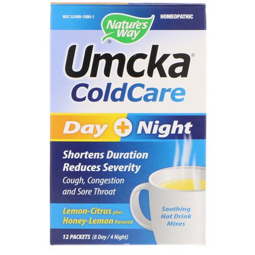 Nature's Way, Umcka, Cold Care, Day + Night, Lemon-Citrus Plus Honey-Lemon Flavors, 12 Packets (8 Day / 4 Night) فوائد