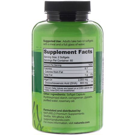 NATURELO, Vegan DHA, Omega-3 from Algae, 800 mg, 120 Vegan Softgels:DHA, Omegas EPA DHA