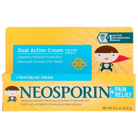Neosporin, Dual Action Cream, Pain Relief Cream, For Kids Ages 2 +, 0.5 oz (14.2 g):المراهم, الم,ضعية