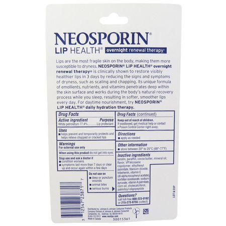 Neosporin, Overnight Renewal Therapy, White Petrolatum Lip Protectant, 0.27 oz (7.7 g):مرطب الشفاه, العناية بالشفاه