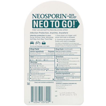 Neosporin, + Pain Relief, Neo To Go! First Aid Antiseptic/Pain Relieving Spray, 0.26 fl oz (7.7 ml):المراهم, الم,ضعية