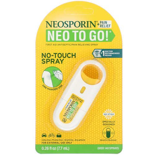 Neosporin, + Pain Relief, Neo To Go! First Aid Antiseptic/Pain Relieving Spray, 0.26 fl oz (7.7 ml) فوائد