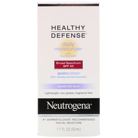 Neutrogena, Healthy Defense, Daily Moisturizer with Sunscreen, Broad Spectrum SPF 50, Sensitive Skin, 1.7 fl oz (50 ml):مرطبات الي,م, الكريمات