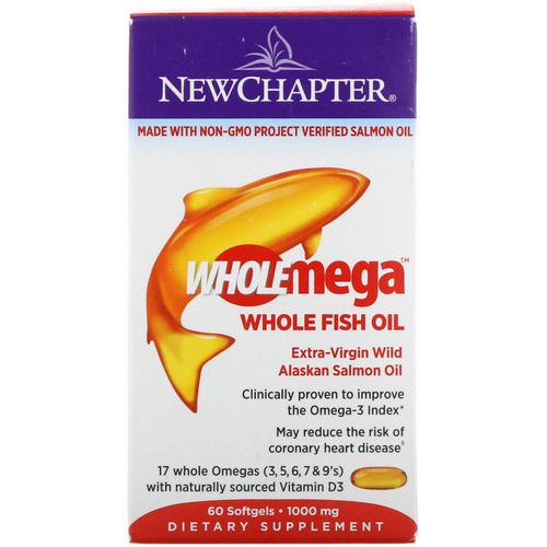 New Chapter, Wholemega, Extra-Virgin Wild Alaskan Salmon, Whole Fish Oil, 1,000 mg, 60 Softgels فوائد