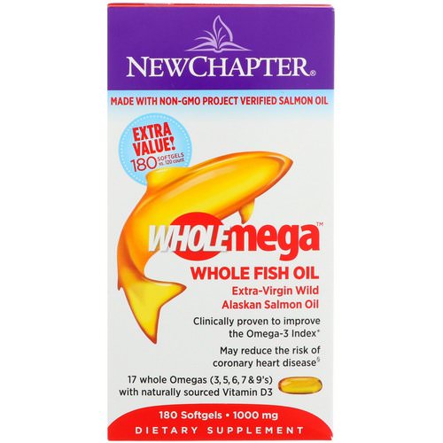 New Chapter, Wholemega, Extra-Virgin Wild Alaskan Salmon, Whole Fish Oil, 1000 mg, 180 Softgels فوائد