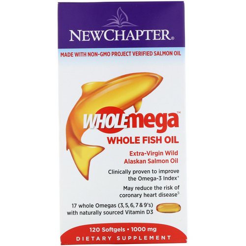 New Chapter, Wholemega, Extra-Virgin Wild Alaskan Salmon, Whole Fish Oil, 1,000 mg, 120 Softgels فوائد