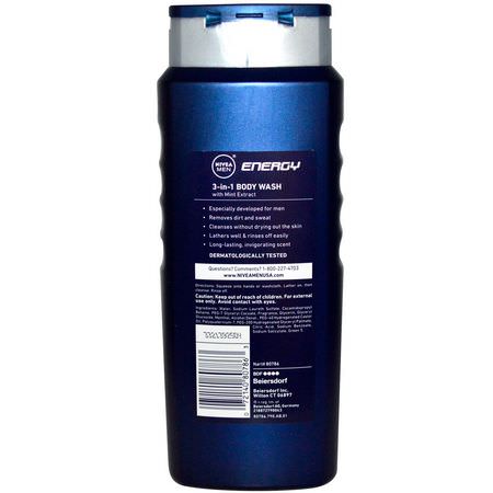 Nivea, Men 3-in-1 Body Wash, Energy, 16.9 fl oz (500 ml):شامب, للرجال, جل الاستحمام