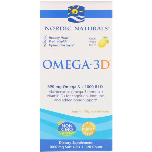 Nordic Naturals, Omega-3D, Lemon, 1000 mg, 120 Soft Gels فوائد