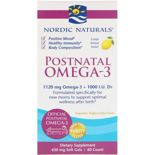 Nordic Naturals, Postnatal Omega-3, Lemon, 650 mg, 60 Soft Gels فوائد