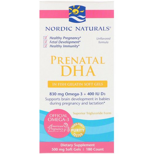 Nordic Naturals, Prenatal DHA, Fish Gelatin, Unflavored, 500 mg, 180 Soft Gels فوائد