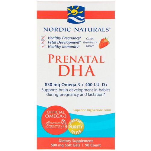Nordic Naturals, Prenatal DHA, Strawberry, 500 mg, 90 Soft Gels فوائد
