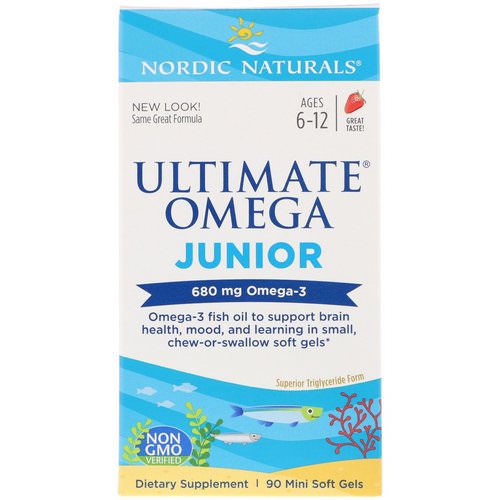 Nordic Naturals, Ultimate Omega Junior, Strawberry, 680 mg, 90 Mini Soft Gels فوائد
